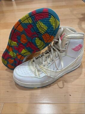 Jordan White High-Top Sneakers with Pink Logo and Multicolor Trim
